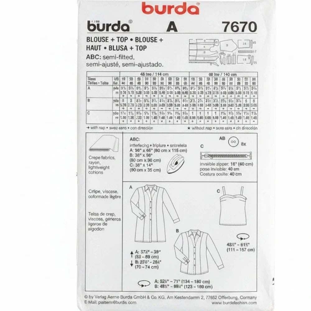 Burda 7670 Sewing Pattern Plus Size Camisole Shirt Tops Sizes 18-34 Uncut